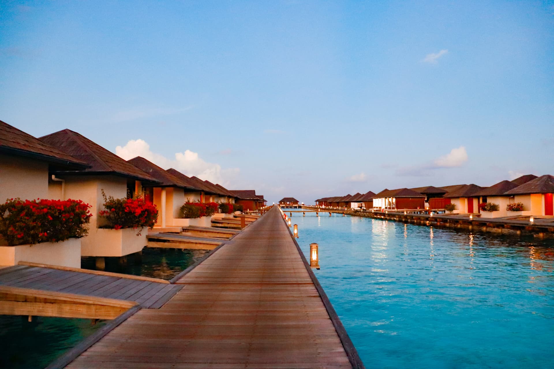 Overwater villas along a boardwalk at dusk
