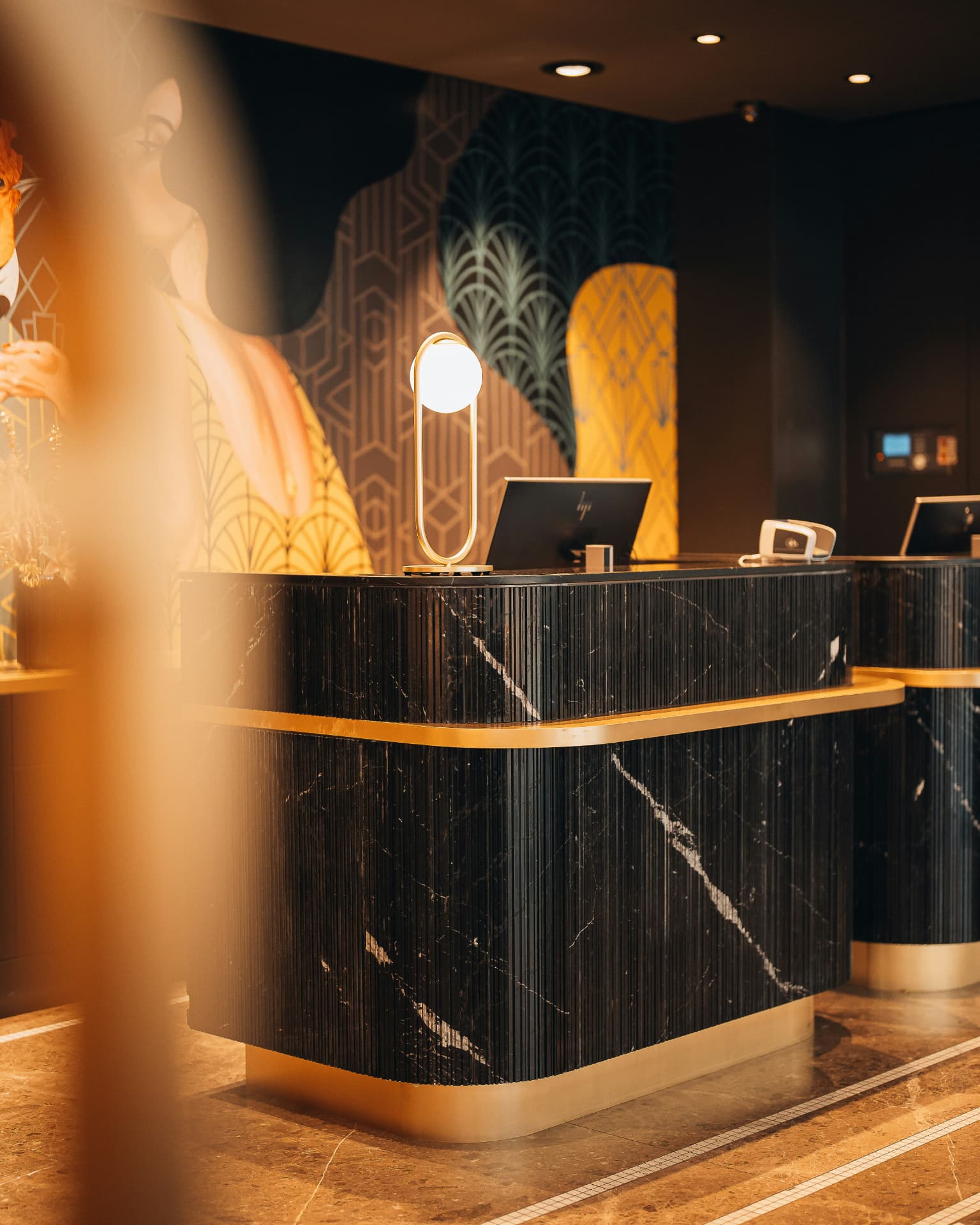 boutique hotel lobby, warm light